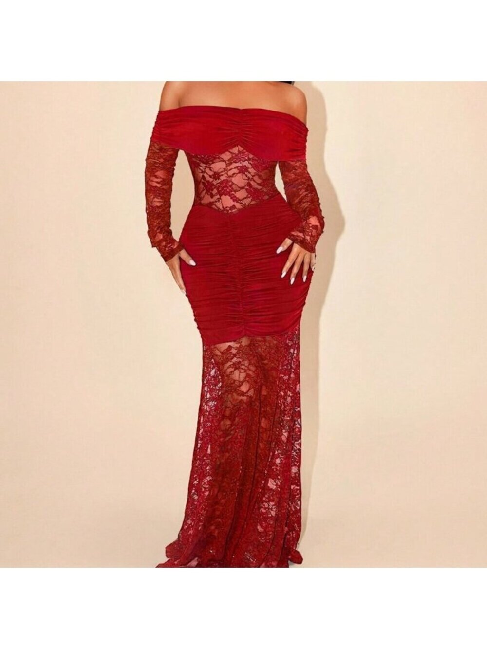 Red Elegant Party Women's Lace Off-Shoulder Christmas Dress